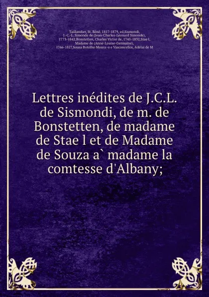 Обложка книги Lettres inedites de J.C.L. de Sismondi, de m. de Bonstetten, de madame de Stael et de Madame de Souza a madame la comtesse d.Albany;, St. Réné Taillandier