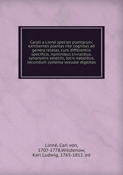 Обложка книги Caroli a Linne species plantarum; exhibentes plantas rite cognitas ad genera relatas, cum differentiis specificis, nominibus trivialibus, synonymis selectis, locis natalibus, secundum systema sexuale digestas, Carl von Linné