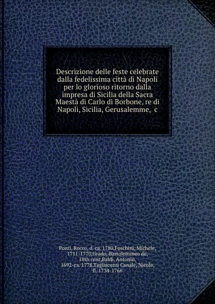 Обложка книги Descrizione delle feste celebrate dalla fedelissima citta di Napoli per lo glorioso ritorno dalla impresa di Sicilia della Sacra Maesta di Carlo di Borbone, re di Napoli, Sicilia, Gerusalemme, .c, Rocco Pozzi