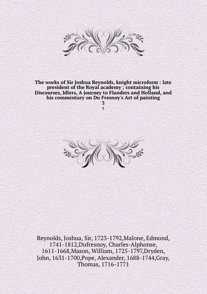 Обложка книги The works of Sir Joshua Reynolds, knight microform : late president of the Royal academy ; containing his Discourses, Idlers, A journey to Flanders and Holland, and his commentary on Du Fresnoy.s Art of painting. 3, Joshua Reynolds