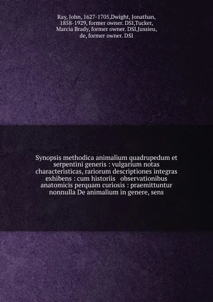 Обложка книги Synopsis methodica animalium quadrupedum et serpentini generis : vulgarium notas characteristicas, rariorum descriptiones integras exhibens : cum historiis & observationibus anatomicis perquam curiosis : praemittuntur nonnulla De animalium in gene..., John Ray