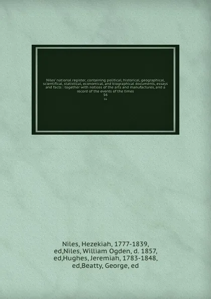 Обложка книги Niles' national register, containing political, historical, geographical, scientifical, statistical, economical, and biographical documents, essays and facts : together with notices of the arts and manufactures, and a record of the events of the t..., Hezekiah Niles