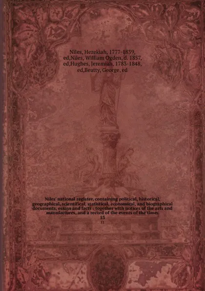 Обложка книги Niles' national register, containing political, historical, geographical, scientifical, statistical, economical, and biographical documents, essays and facts : together with notices of the arts and manufactures, and a record of the events of the t..., Hezekiah Niles