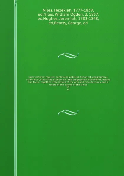 Обложка книги Niles' national register, containing political, historical, geographical, scientifical, statistical, economical, and biographical documents, essays and facts : together with notices of the arts and manufactures, and a record of the events of the t..., Hezekiah Niles