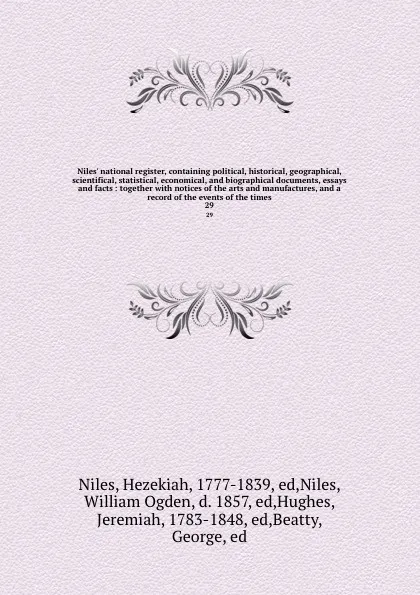 Обложка книги Niles' national register, containing political, historical, geographical, scientifical, statistical, economical, and biographical documents, essays and facts : together with notices of the arts and manufactures, and a record of the events of the t..., Hezekiah Niles