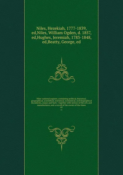 Обложка книги Niles' national register, containing political, historical, geographical, scientifical, statistical, economical, and biographical documents, essays and facts : together with notices of the arts and manufactures, and a record of the events of the t..., Hezekiah Niles