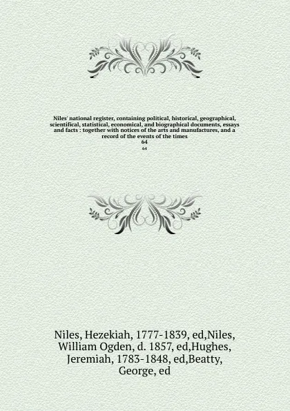 Обложка книги Niles' national register, containing political, historical, geographical, scientifical, statistical, economical, and biographical documents, essays and facts : together with notices of the arts and manufactures, and a record of the events of the t..., Hezekiah Niles