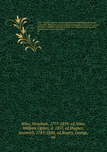 Обложка книги Niles' national register, containing political, historical, geographical, scientifical, statistical, economical, and biographical documents, essays and facts : together with notices of the arts and manufactures, and a record of the events of the t..., Hezekiah Niles