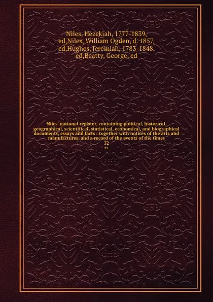 Обложка книги Niles' national register, containing political, historical, geographical, scientifical, statistical, economical, and biographical documents, essays and facts : together with notices of the arts and manufactures, and a record of the events of the t..., Hezekiah Niles