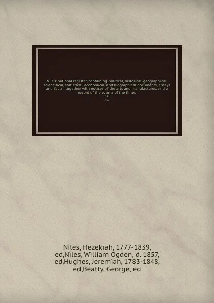 Обложка книги Niles' national register, containing political, historical, geographical, scientifical, statistical, economical, and biographical documents, essays and facts : together with notices of the arts and manufactures, and a record of the events of the t..., Hezekiah Niles