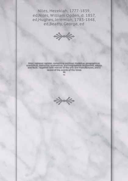 Обложка книги Niles' national register, containing political, historical, geographical, scientifical, statistical, economical, and biographical documents, essays and facts : together with notices of the arts and manufactures, and a record of the events of the t..., Hezekiah Niles