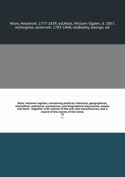 Обложка книги Niles' national register, containing political, historical, geographical, scientifical, statistical, economical, and biographical documents, essays and facts : together with notices of the arts and manufactures, and a record of the events of the t..., Hezekiah Niles