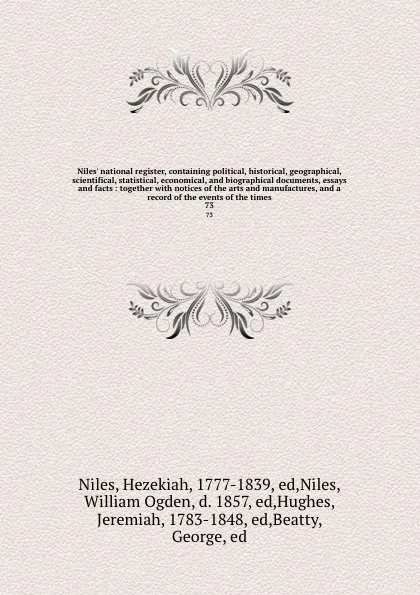 Обложка книги Niles' national register, containing political, historical, geographical, scientifical, statistical, economical, and biographical documents, essays and facts : together with notices of the arts and manufactures, and a record of the events of the t..., Hezekiah Niles