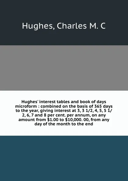 Обложка книги Hughes' interest tables and book of days microform : combined on the basis of 365 days to the year, giving interest at 3, 3 1/2, 4, 5, 5 1/ 2, 6, 7 and 8 per cent. per annum, on any amount from .1.00 to .10,000. 00, from any day of the month to th..., Charles M. C. Hughes