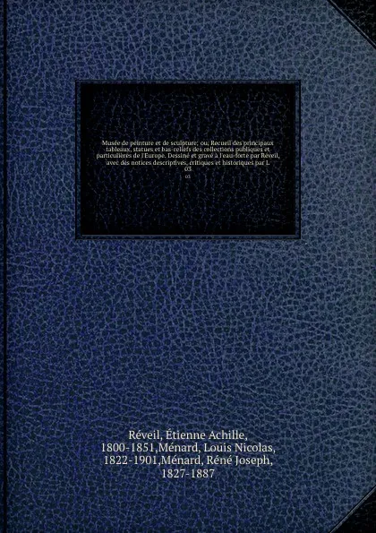 Обложка книги Musee de peinture et de sculpture; ou, Recueil des principaux tableaux, statues et bas-reliefs des collections publiques et particulieres de l'Europe. Dessine et grave a l'eau-forte par Reveil, avec des notices descriptives, critiques et historiqu..., Étienne Achille Réveil