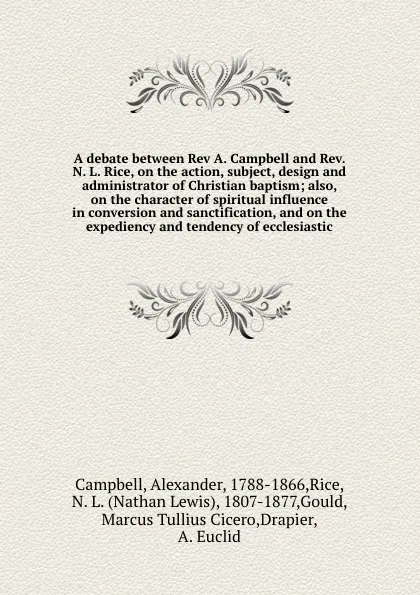 Обложка книги A debate between Rev A. Campbell and Rev. N. L. Rice, on the action, subject, design and administrator of Christian baptism; also, on the character of spiritual influence in conversion and sanctification, and on the expediency and tendency of eccl..., Alexander Campbell