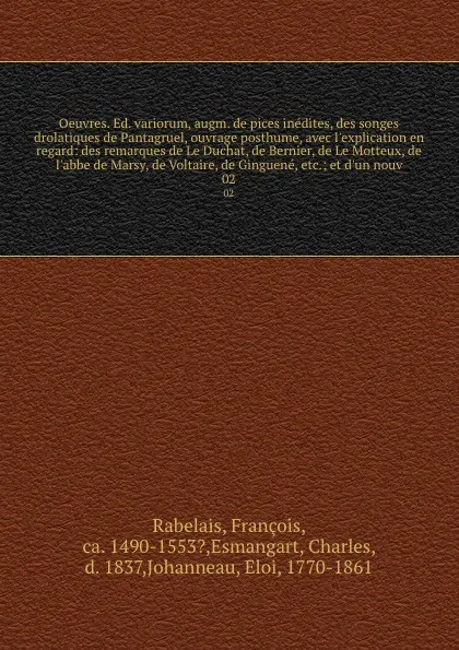 Обложка книги Oeuvres. Ed. variorum, augm. de pices inedites, des songes drolatiques de Pantagruel, ouvrage posthume, avec l'explication en regard: des remarques de Le Duchat, de Bernier, de Le Motteux, de l'abbe de Marsy, de Voltaire, de Ginguene, etc.; et d'u..., François Rabelais