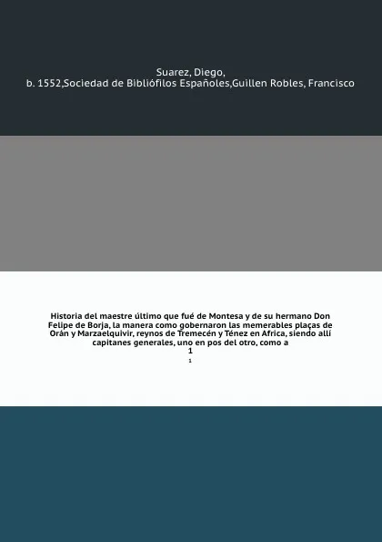 Обложка книги Historia del maestre ultimo que fue de Montesa y de su hermano Don Felipe de Borja, la manera como gobernaron las memerables placas de Oran y Marzaelquivir, reynos de Tremecen y Tenez en Africa, siendo alli capitanes generales, uno en pos del otro..., Diego Suarez