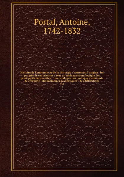 Обложка книги Histoire de l'anatomie et de la chirurgie : contenant l'origine & les progres de ces sciences : avec un tableau chronologique des principales decouvertes : & un catalogue des ouvrages d'anatomie & de chirurgie : des memoires academiques : des diff..., Antoine Portal