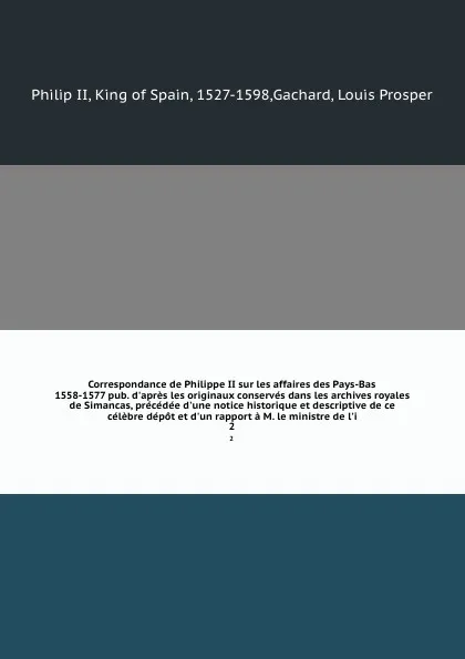 Обложка книги Correspondance de Philippe II sur les affaires des Pays-Bas 1558-1577 pub. d'apres les originaux conserves dans les archives royales de Simancas, precedee d'une notice historique et descriptive de ce celebre depot et d'un rapport a M. le ministre ..., Philip II