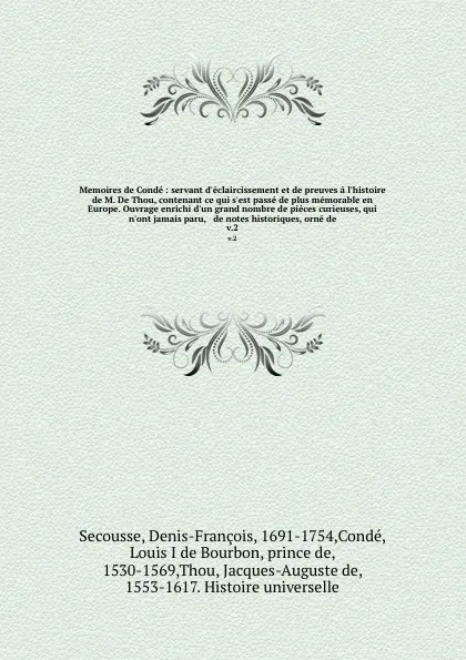 Обложка книги Memoires de Conde : servant d'eclaircissement et de preuves a l'histoire de M. De Thou, contenant ce qui s'est passe de plus memorable en Europe. Ouvrage enrichi d'un grand nombre de pieces curieuses, qui n'ont jamais paru, & de notes historiques,..., Denis-François Secousse