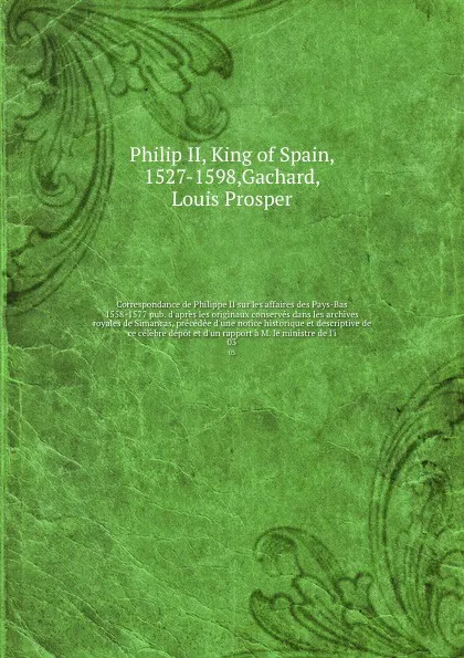 Обложка книги Correspondance de Philippe II sur les affaires des Pays-Bas 1558-1577 pub. d'apres les originaux conserves dans les archives royales de Simancas, precedee d'une notice historique et descriptive de ce celebre depot et d'un rapport a M. le ministre ..., Philip II