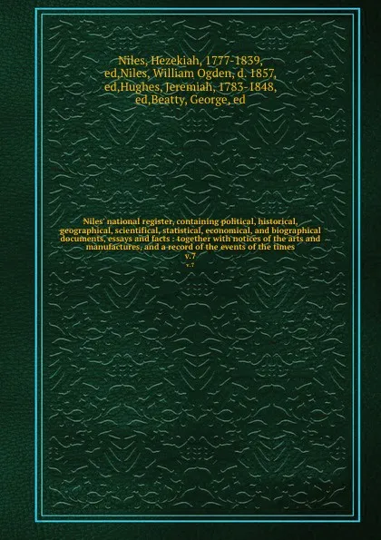 Обложка книги Niles' national register, containing political, historical, geographical, scientifical, statistical, economical, and biographical documents, essays and facts : together with notices of the arts and manufactures, and a record of the events of the t..., Hezekiah Niles