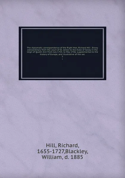 Обложка книги The diplomatic correspondence of the Right Hon. Richard Hill . Envoy extraordinary from the court of St. James to the Duke of Savoy in the reign of Queen Ann from July 1703, to May 1706; supplemental to the history of Europe, and illustrative of t..., Richard Hill