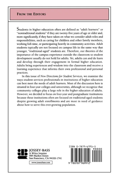 Обложка книги Meeting the Special Needs of Adult Students. New Directions for Student Services, Number 102, SS, Kilgore, Jenny Rice