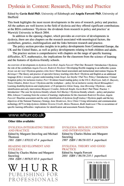 Обложка книги Dyslexia in Context. Research, Policy and Practice, Gavin Reid, Angela J. Fawcett, Silver Osb Osb Reid