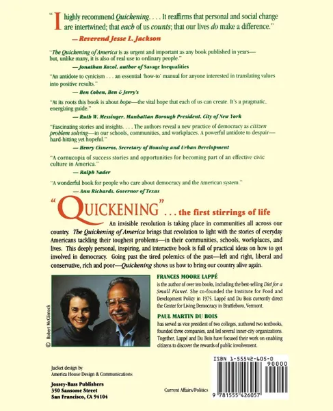 Обложка книги The Quickening of America. Rebuilding Our Nation, Remaking Our Lives, Frances Moore Lappe, Paul Martin Du Bois, Lappe