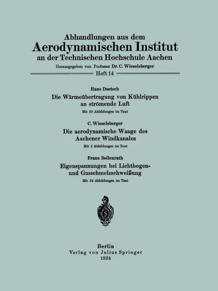 Обложка книги Abhandlungen Aus Dem Aerodynamischen Institut an Der Technischen Hochschule Aachen, Na Doetsch, Na Wieselsberger, Na Bollenrath