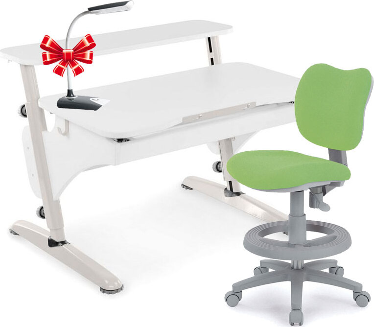 фото Комплект детской мебели ERGO-30 (цвет столешницы: белый, цвет ножек стола: серый, цвет обивки: зеленый) Pondi
