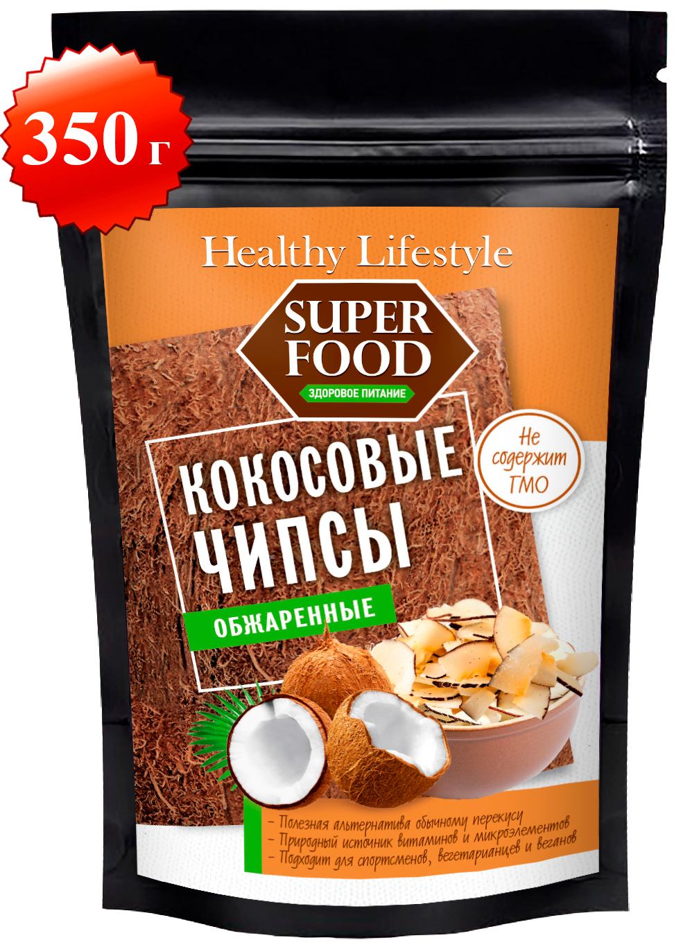 Кокосовые чипсы без сахара обжаренные Healthy Lifestyle, полезный перекус диетические снеки, кокос сушеный орех, кетодиета, 350 г