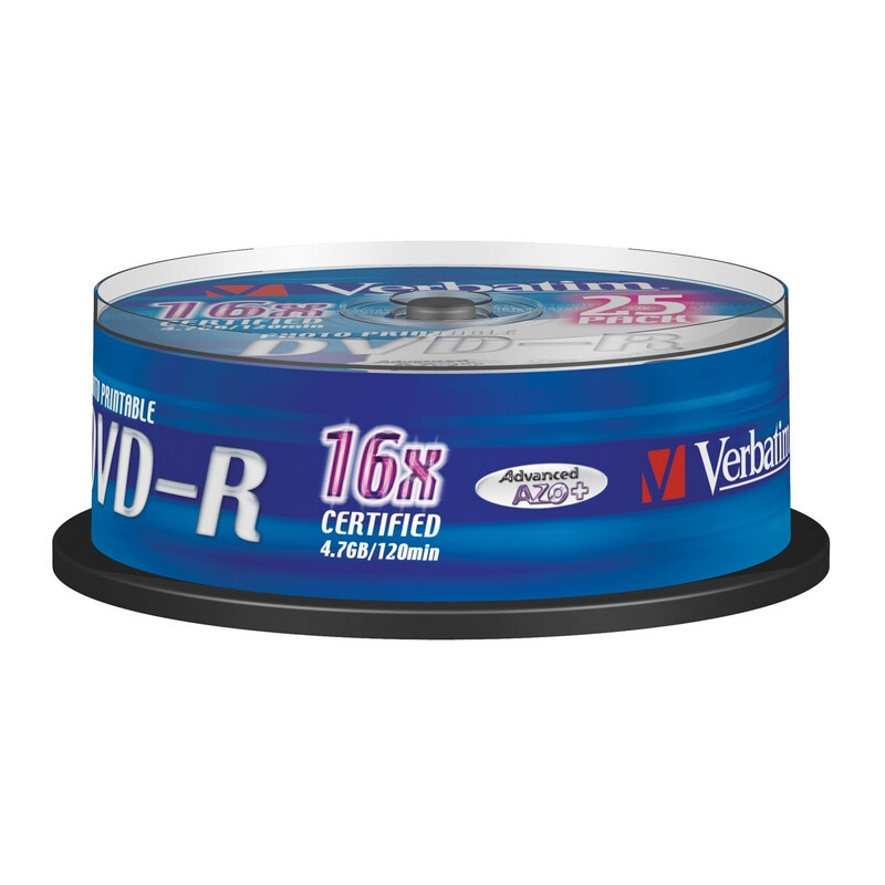 Носители информации DVD-R Printable, 16x, Verbatim Azo Wide, Cake/25