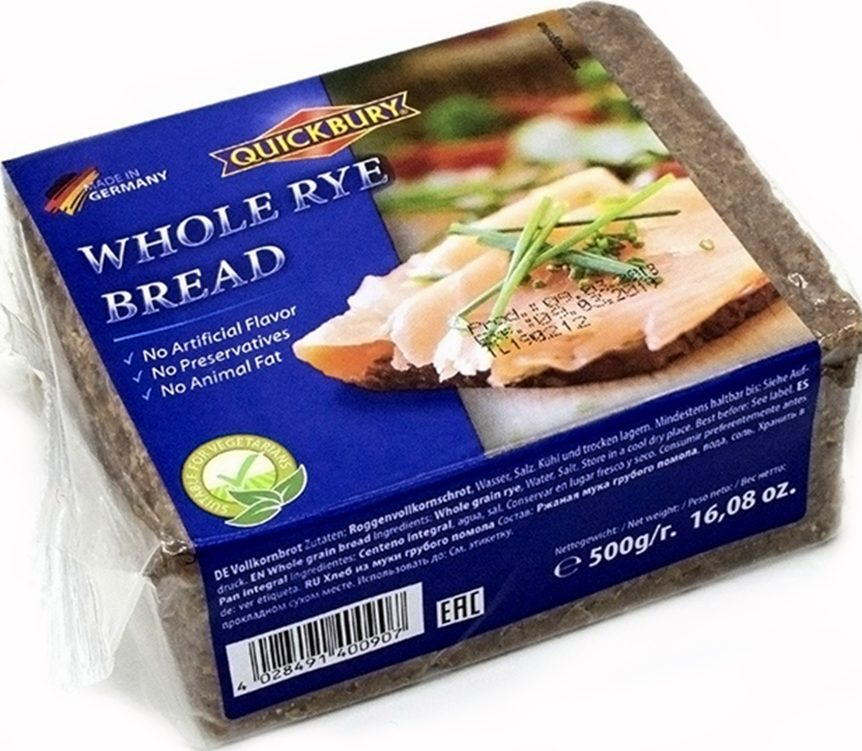 Хлеб Quickbury WHOLE RYE BREAD, из ржаной муки грубого помола, цельнозерновой, 500 г