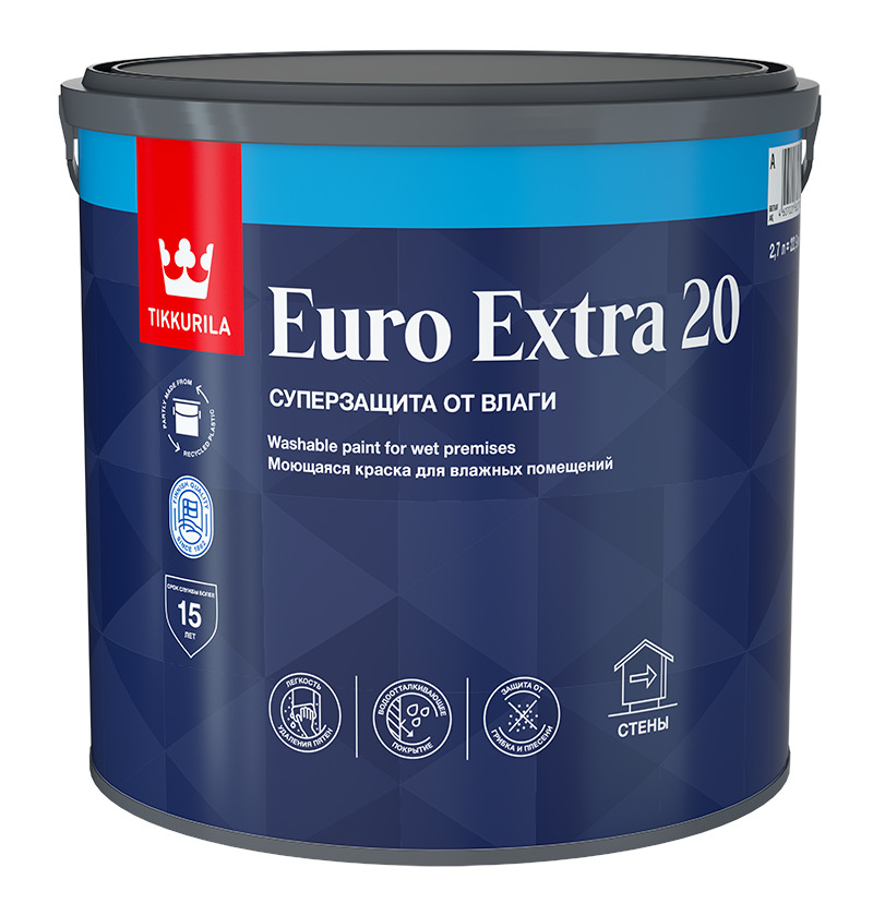 краска tikkurila euro extra 20, воднодисперсионная, полуматовое покрытие, белый