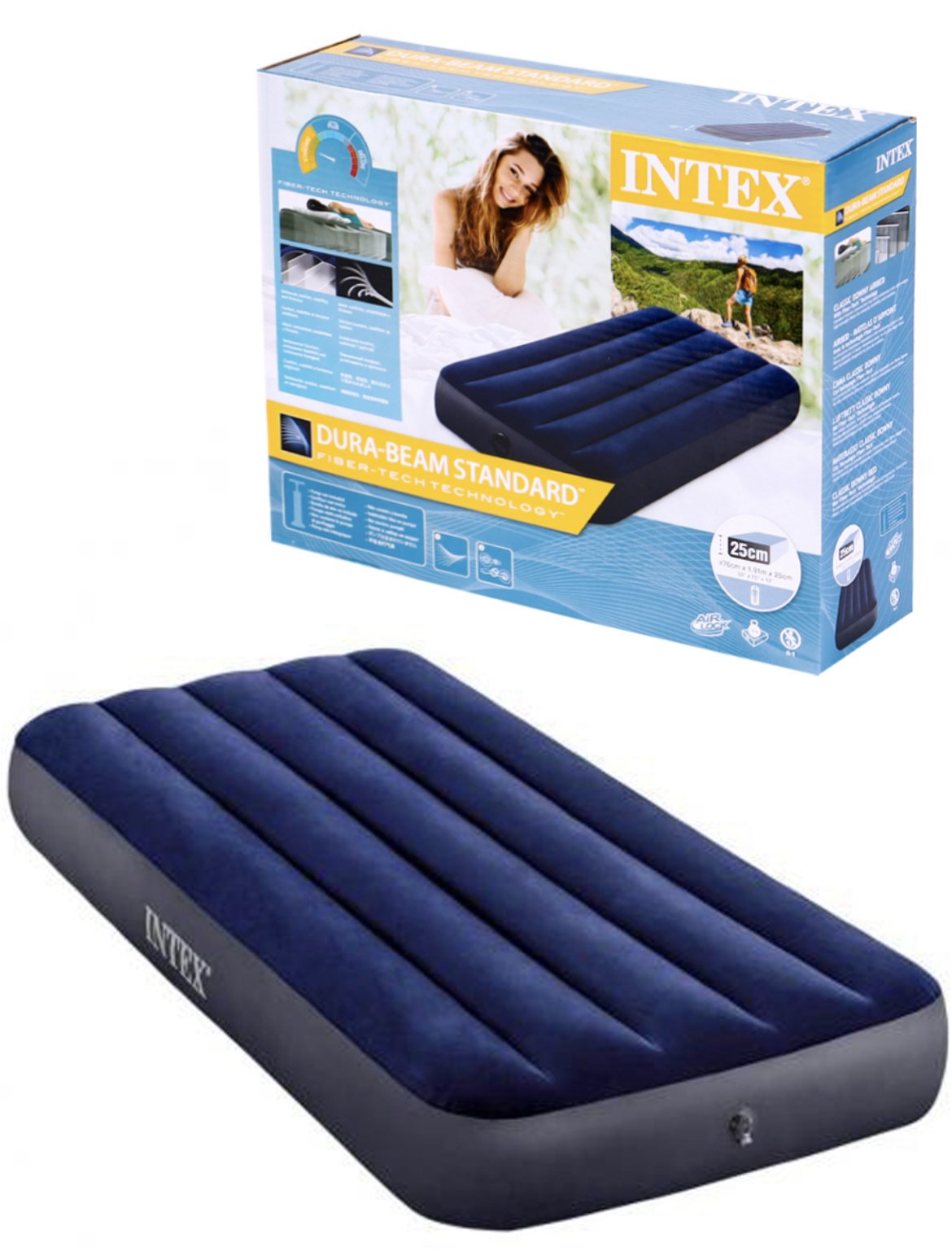 Кровать надувная intex classic downy fiber tech 76х191х25 см