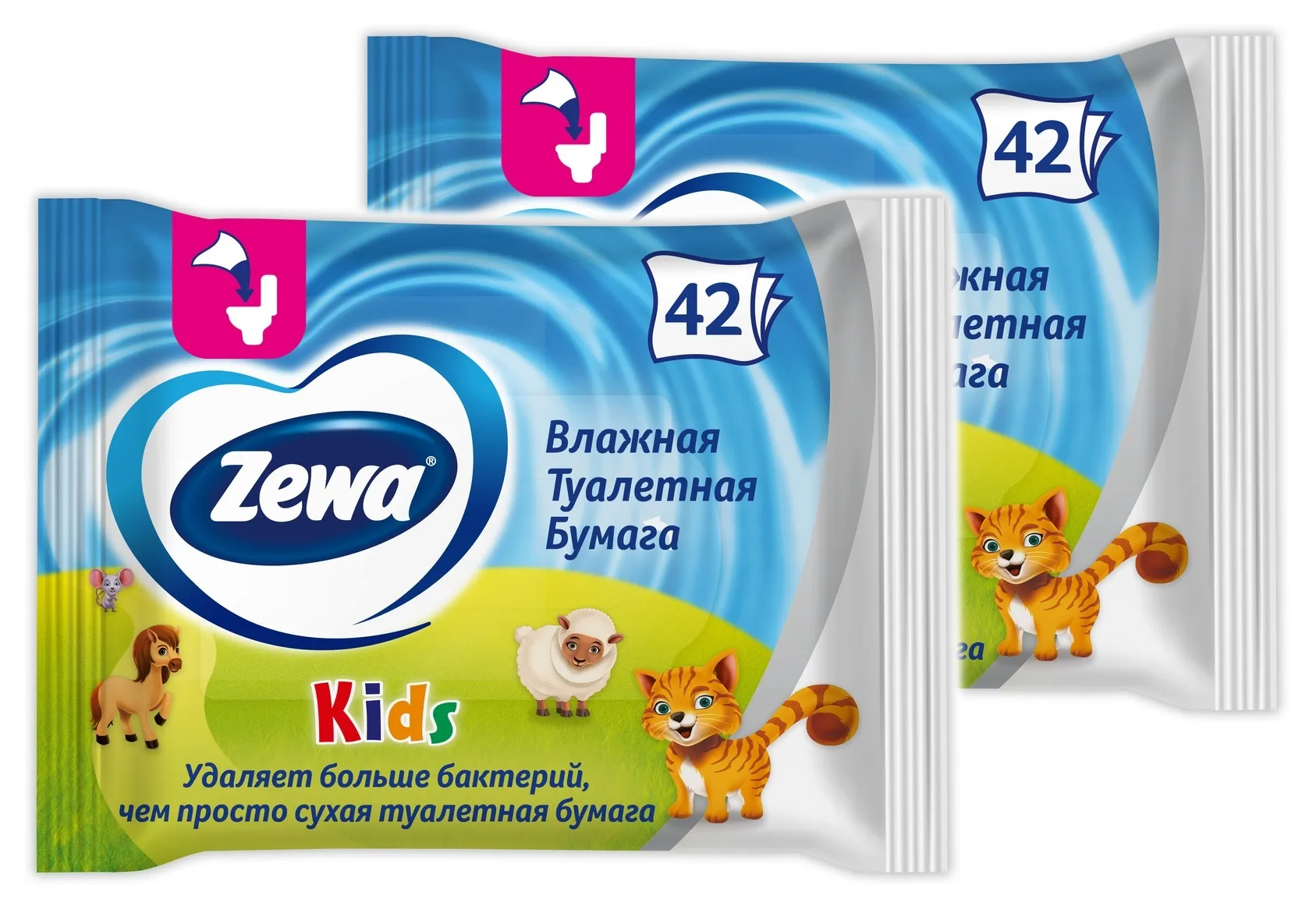 Влажная туалетная бумага Зева Zewa Kids детская, 42 шт * 2 упаковки