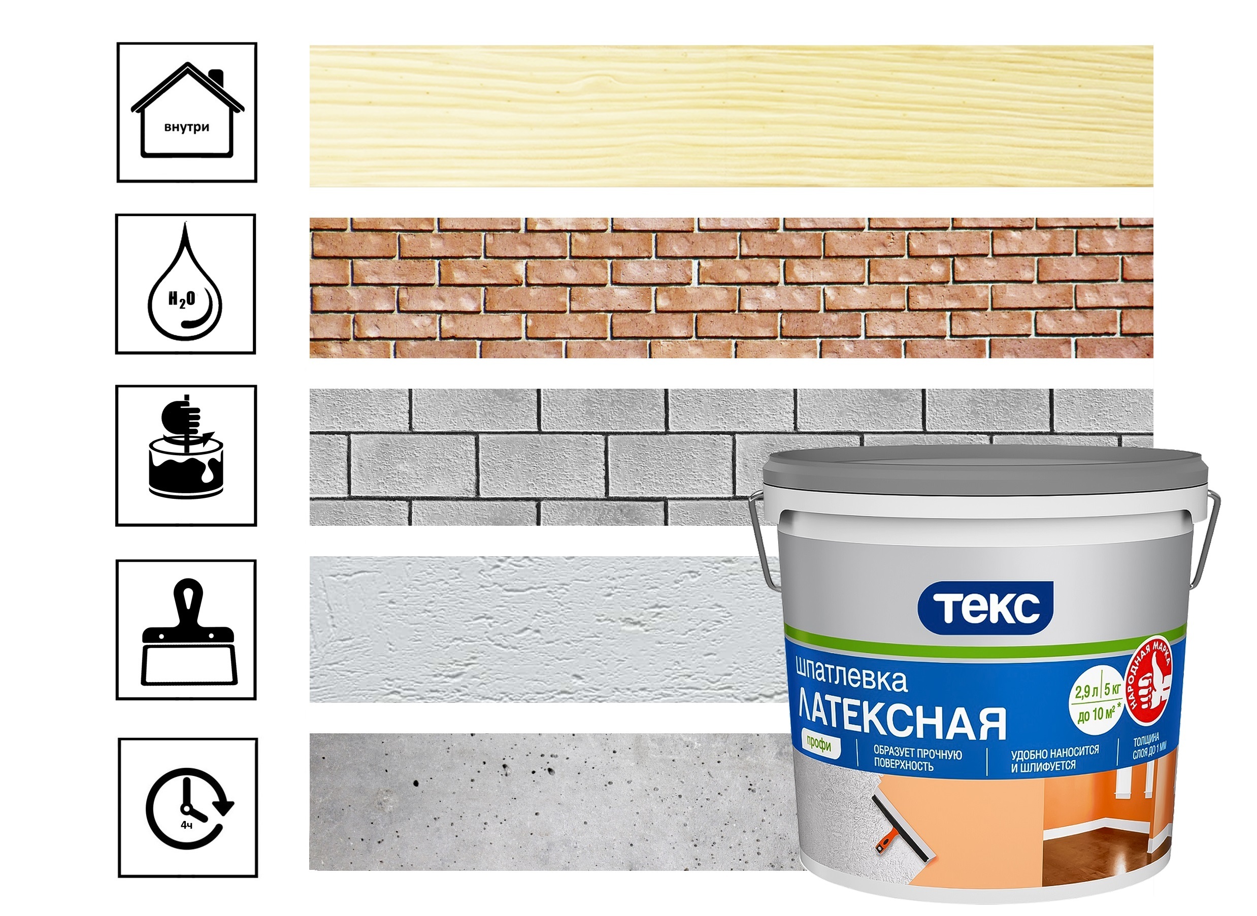 Шпатлевка латексная Текс для внутренних работ 5 кг