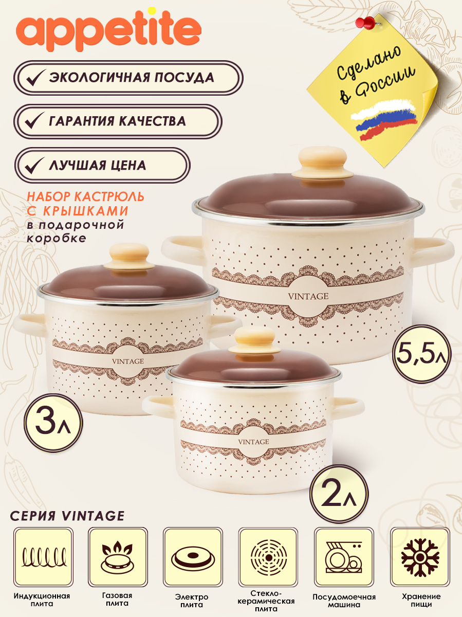 Набор эмалированных кастрюль Vintage ( 2л,3л,5.5 л) ТМ Appetite