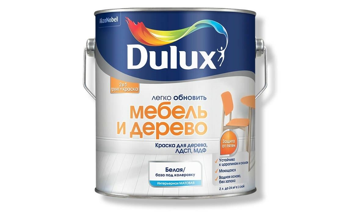 DULUX Краска Гладкая, Быстросохнущая, до 30°, Акриловая, Матовое покрытие, 0.75 л, белый