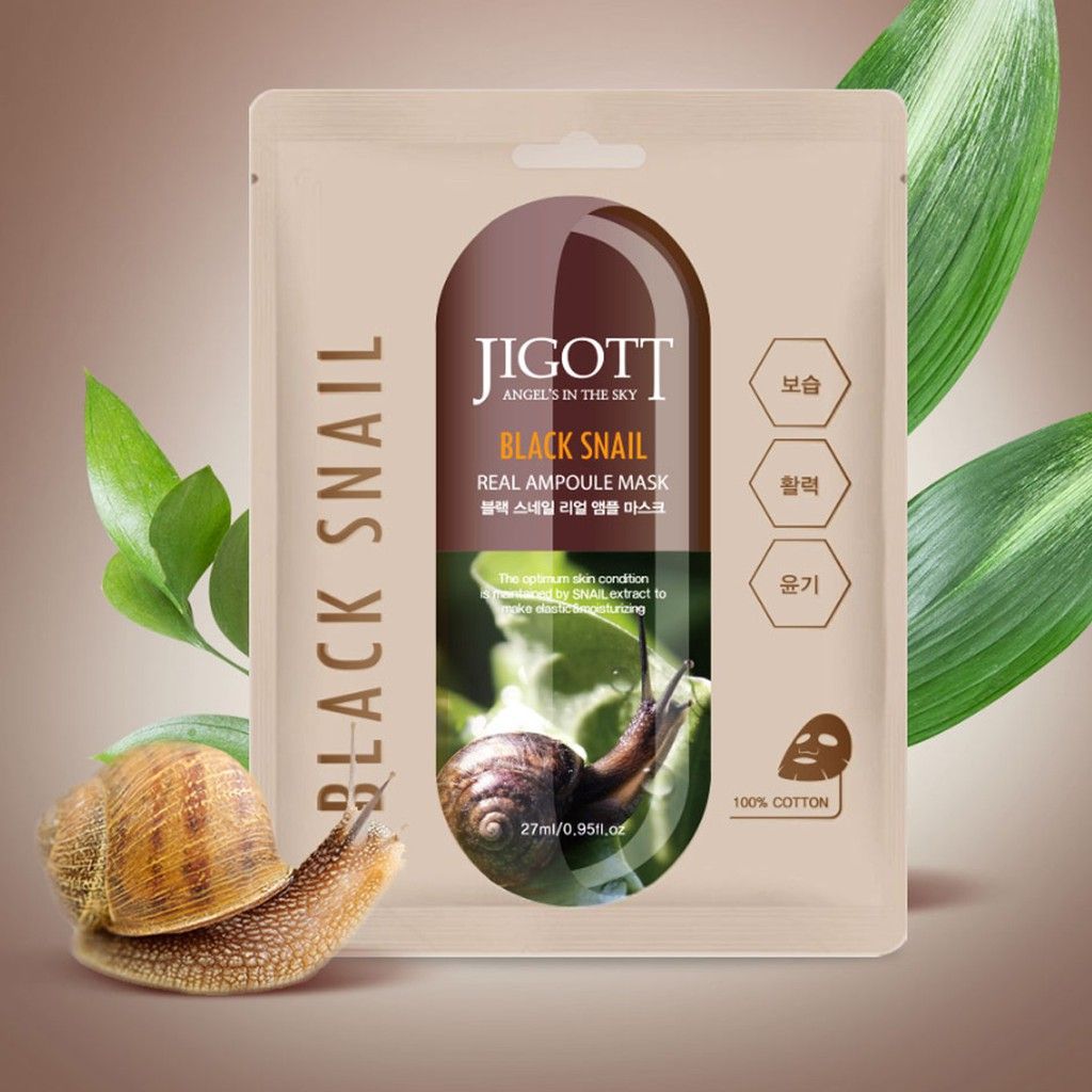 Jigott Black Snail real Ampoule Mask ампульная тканевая маска с муцином улитки 27 мл. Jigott 280238 Black Snail real Ampoule Mask ампульная маска с муцином улитки 27мл. Jigott тканевая маска для лица муцин улитки. Jigott ампульная маска с экстрактом слизи черной улитки.