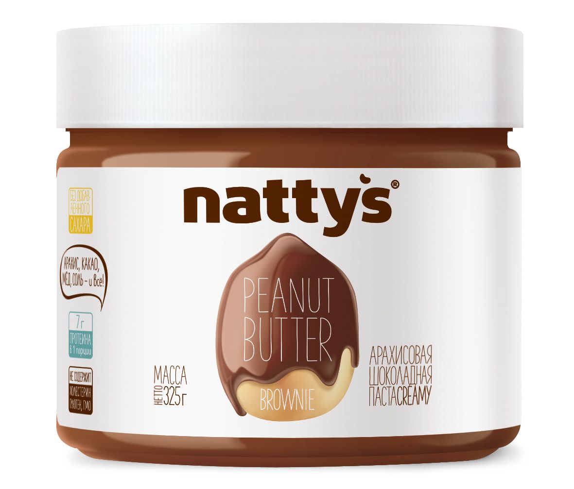 Арахисовая шоколадная паста без сахара с мёдом Nattys BROWNIE, 325 г