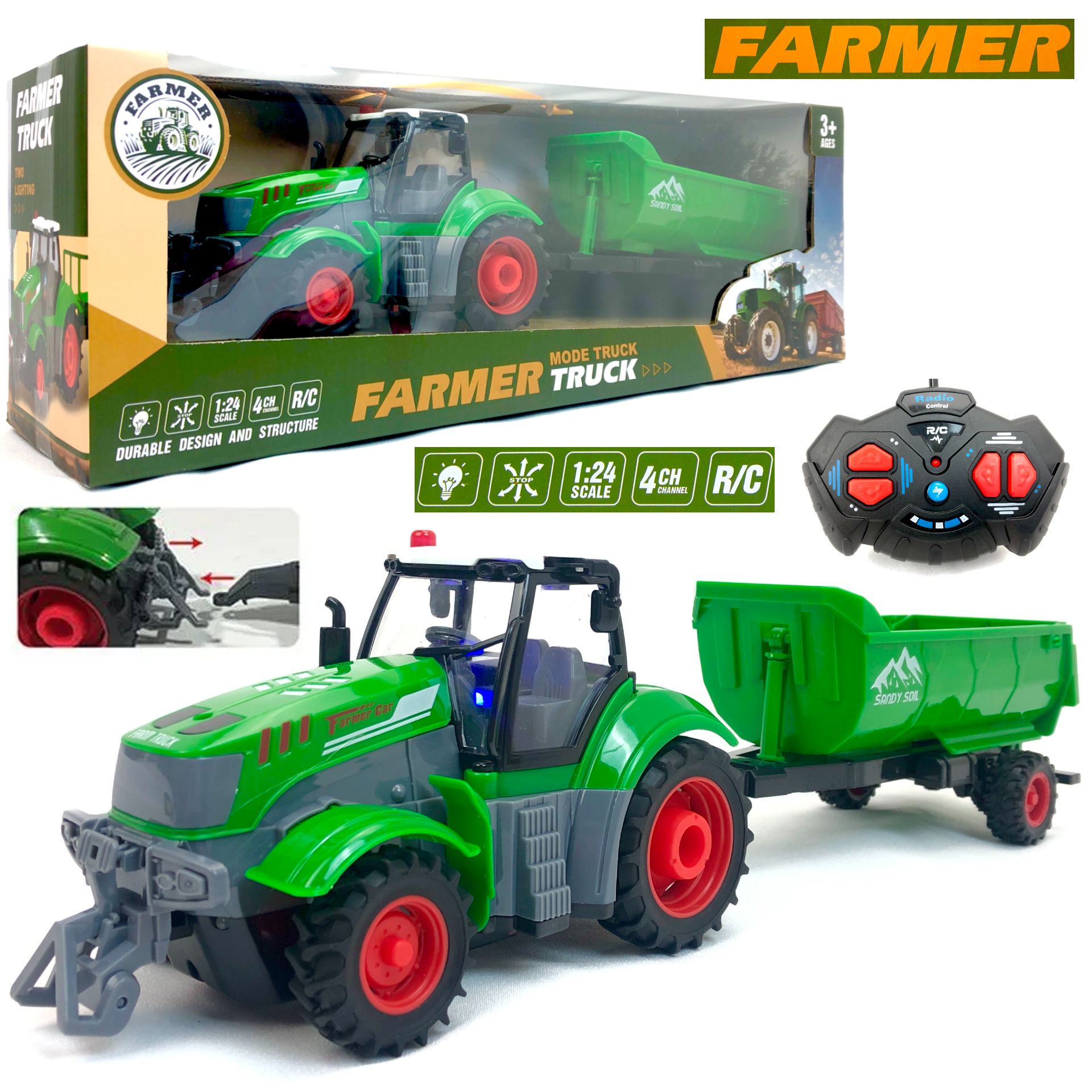 Радиоуправляемый трактор Farmer Truck, 1:24, движется во всех направлениях,  фары светятся, подсветка салона, с прицепом, машинка на пульте управления,  41х11х9 см - купить с доставкой по выгодным ценам в интернет-магазине OZON  (849192185)