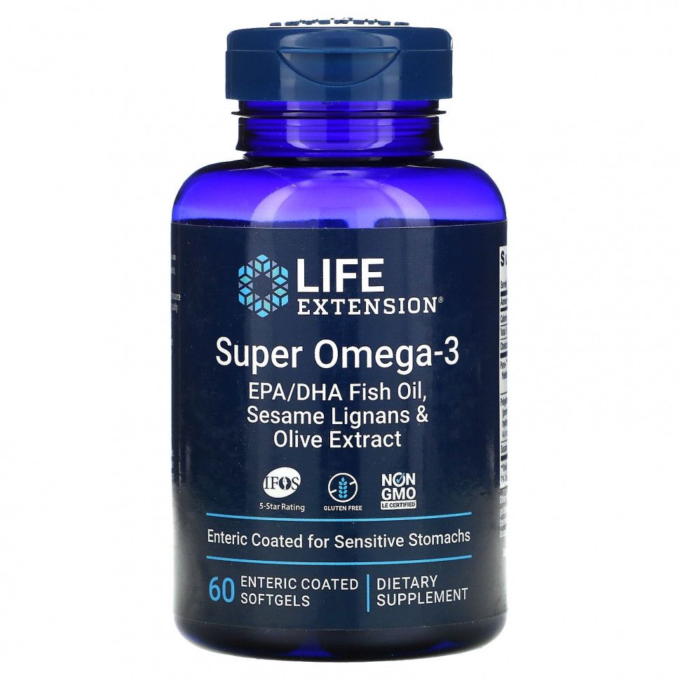 Омега-3пищеваядобавкаLifeExtension,SuperOmega-3,рыбийжирсЭПКиДГК,лигнанамикунжутаиэкстрактомоливы,60капсул