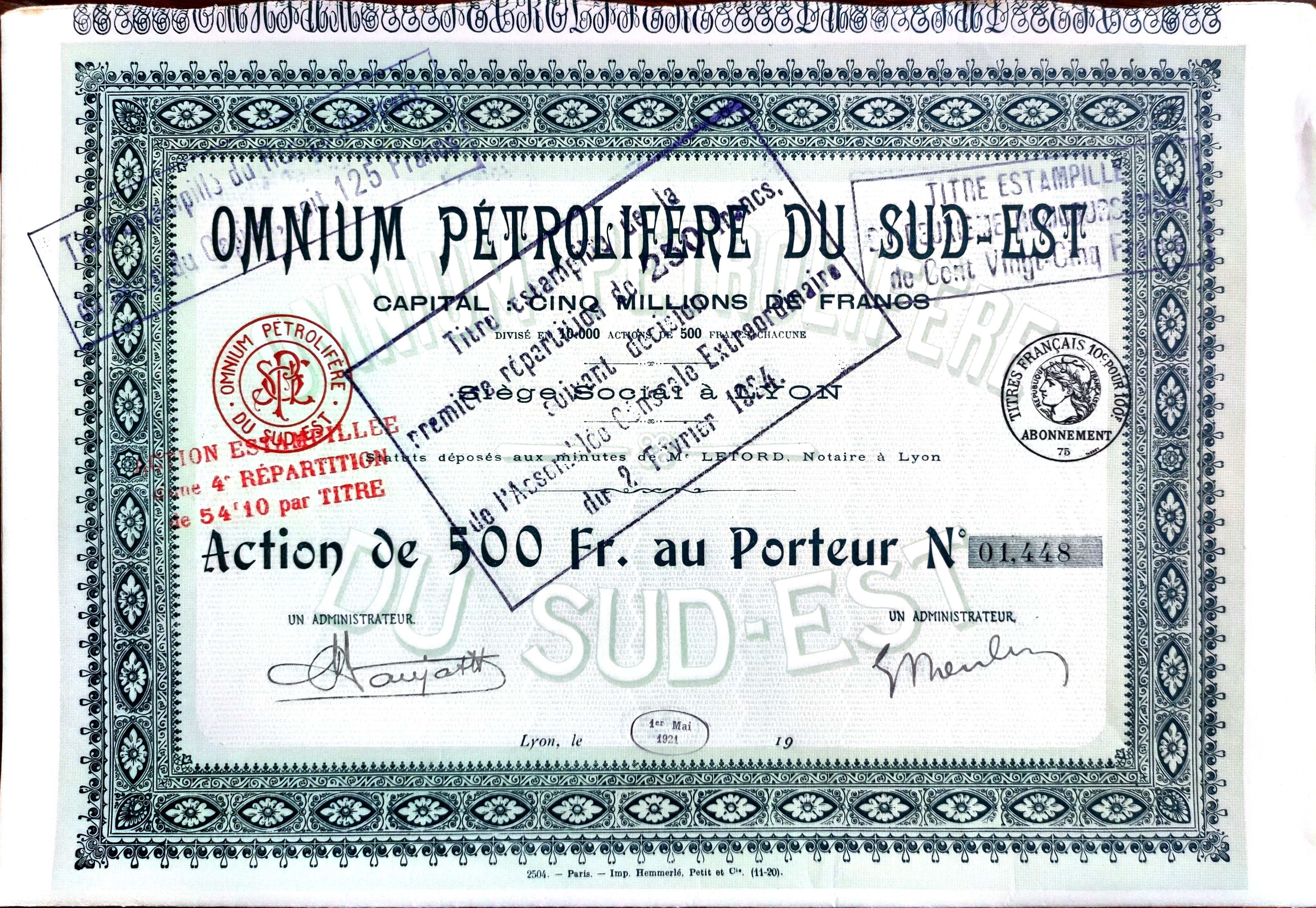 Юго-Восточная Нефтяная компания "Omnium Petrolifere". Акция в 500 франков. 1921 г.