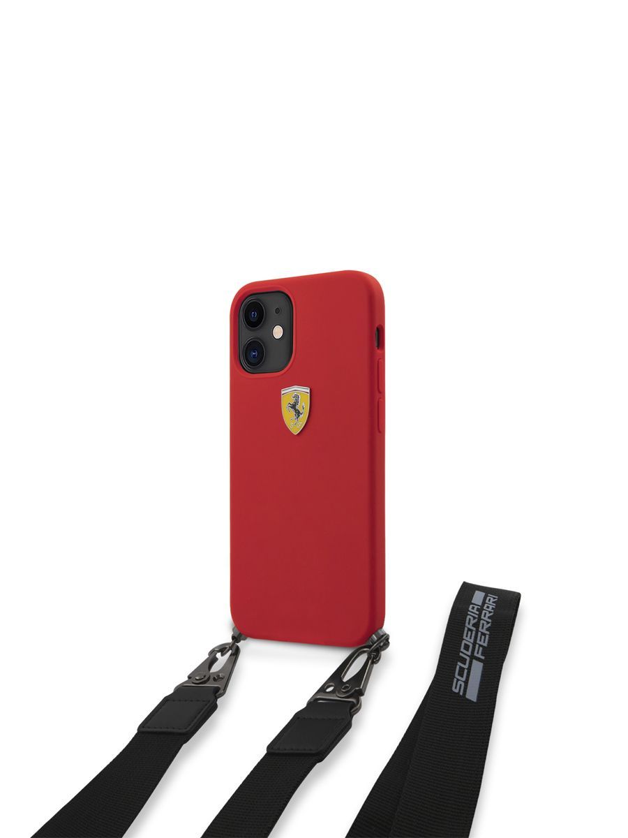 Чехол Ferrari Liquid silicone на Apple iPhone 12 mini / для Айфон 12 мини,  силиконовый с покрытием Soft-touch, с металлическим логотипом, с ремешком  на шею, красный - купить с доставкой по выгодным