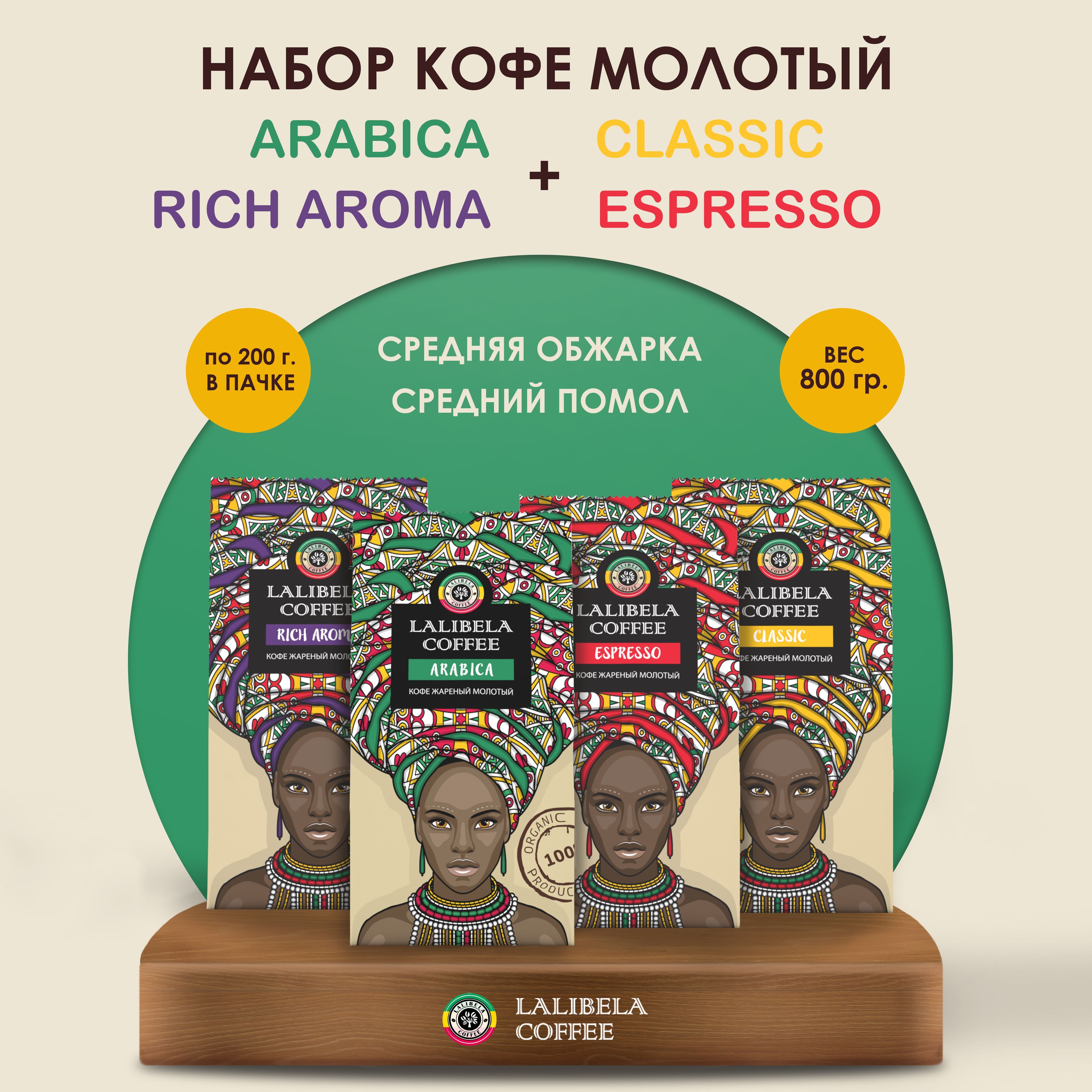 Набор Кофе молотый LALIBELA COFFEE CLASSIC + ARABICA + RICH AROMA + ESPRESSO (4 шт. х 200 гр)