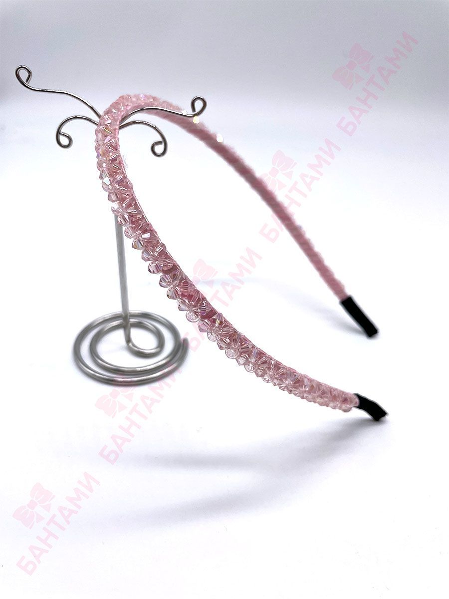 Ободок для волос узкий с бисером розовый